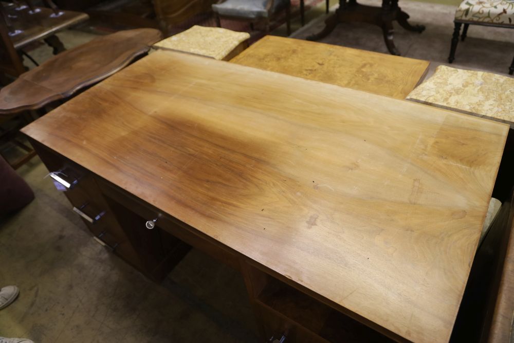 An Art Deco style chrome mounted walnut pedestal desk, W.150cm, D.75cm, H.75cm